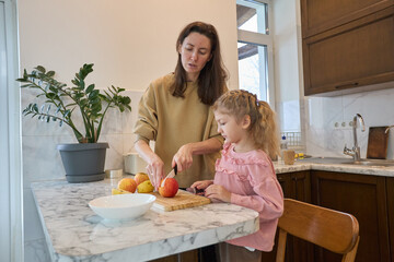 Mother and daughter cooking together in modern kitchen