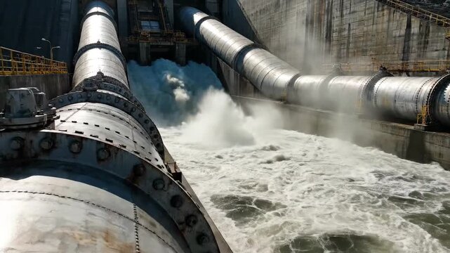 Industrial view of powerful water discharge from large penstock pipes at a hydroelectric dam, emphasizing engineering and energy production.