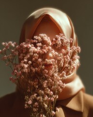 High Fashion Aesthetic Portrait: Mysterious Woman in Golden Hijab Covering Face with Soft Pink Gypsophila Flowers, Cinematic Warm Tones