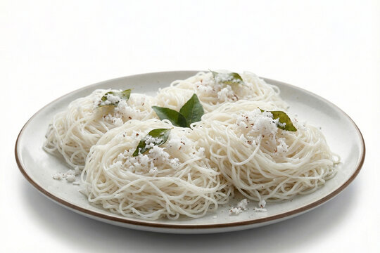 Idiyappam traditional Kerala steamed rice noodles with coconut garnish on plate