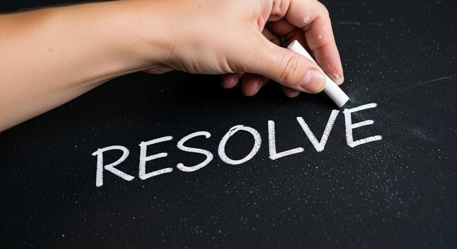 A hand writes the word resolve on a blackboard, symbolizing determination, goal setting, and making a New Year's resolution
