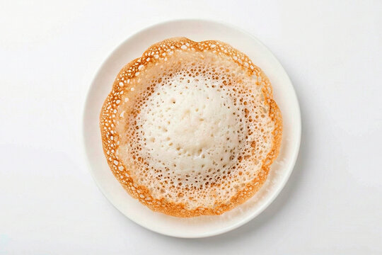Top view of Appam Kerala breakfast pancake on white plate isolated