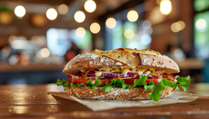 Close-up of a fresh sandwich with lettuce, tomato, and onion on a wooden table in a restaurant setting.