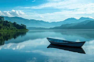 Vast clear lake surrounded by mountains and blue sky