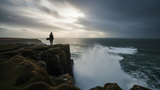 A lone figure stands on a cliff, gazing at tumultuous ocean waves.