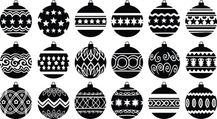 Christmas ornaments collection featuring various intricate black designs and patterns for festive decorations 