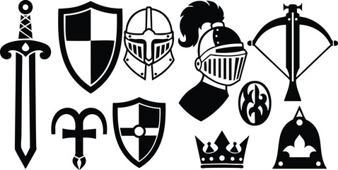 Fototapeta premium Medieval weapons and armor collection featuring swords, shields, helmets, and a crown for fantasy themes and designs 