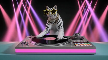 Cool DJ cat with star-shaped glasses scratching records on a neon turntable under spotlight beams