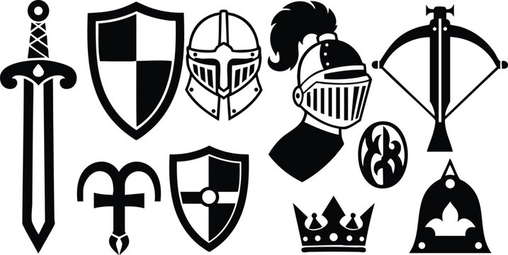 Medieval weapons and armor collection featuring swords, shields, helmets, and a crown for fantasy themes and designs 