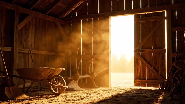 A dusty barn interior illuminated by warm sunlight streaming through an open doorway creating golden beams and long shadows