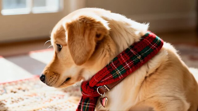 Golden retriever puppy wearing a red plaid scarf, gazing thoughtfully while sitting on a patterned rug, with soft sunlight illuminating the scene, showcasing a gentle and heartwarming moment