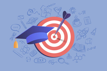 Achieve your academic goals with this education concept. A graduation cap sits next to a bullseye target, symbolizing success in university studies, career planning, and learning achievement.