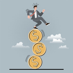 Anxious businessman trying to balance on a wobbly stack of gold dollar coins. Concept of financial risk, economic instability, and investment danger. Vector  of market volatility and debt struggle.