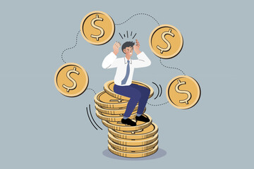 A stressed businessman sits on an unstable, shaking stack of gold coins. This financial crisis concept illustrates economic instability, investment risk, and the pressure of market volatility.