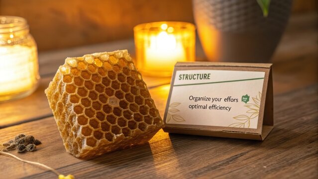 A piece of natural honeycomb rests beside a card emphasizing structure and efficiency, bathed in warm amber light from candles. - Powered by Adobe