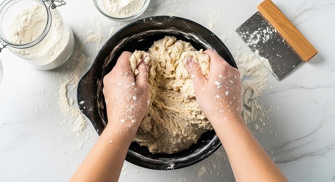 Top-down view of a person's hands kneading homemade bread dough in a black bowl on a messy, flour-dusted white marble countertop during the baking process