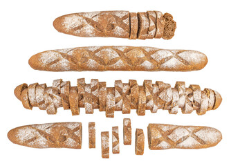 Assorted whole and sliced rustic baguettes isolated on white background