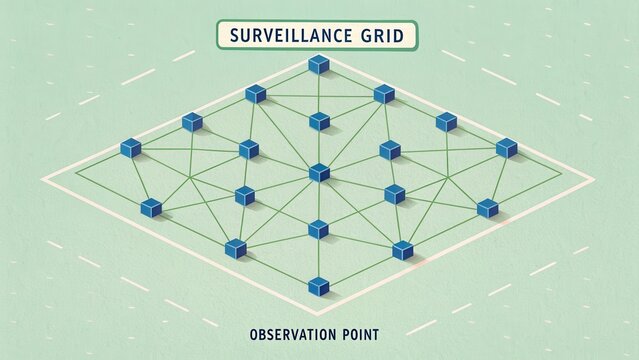 A meticulously arranged surveillance grid with connected observation points on a pale green expanse
