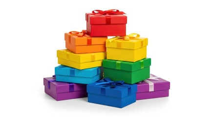 Obraz premium A colorful pile of gift boxes with ribbons on a white background.