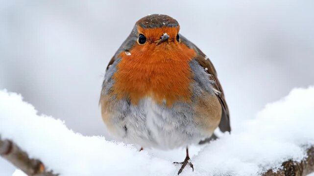 A European robin with its characteristic orange breast stands perched on a snow covered branch in a winter scene