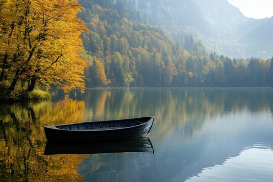 Small boat near lush forest edge on tranquil lake