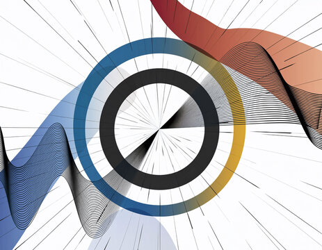 Dynamic abstract background with concentric circles, radial lines and wavy shapes. Evokes concepts of growth, movement, innovation. Great for tech, design.