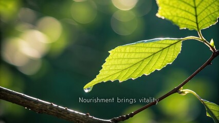 A single bright green leaf with a water droplet and forest background