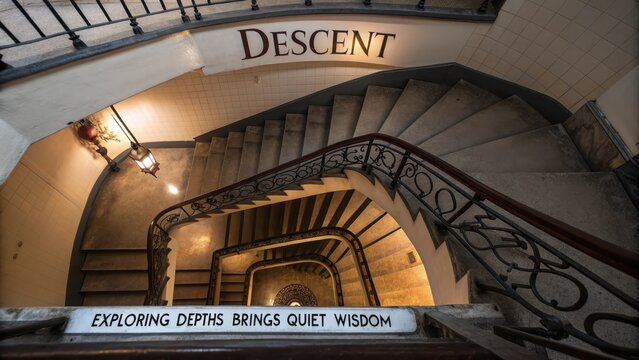 A perfectly symmetrical spiral staircase descending into illuminated depths, evoking a sense of historical elegance and quiet wisdom.