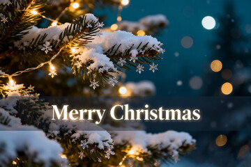 Snowy christmas trees with warm lights and festive greeting