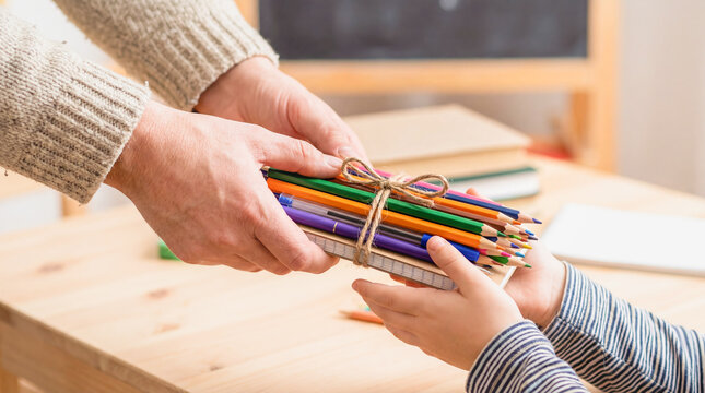 Volunteer giving pencils stationery to child hands school education charity donation drawing support humanitarian aid learning kindness social work creativity gift community service lifestyle care