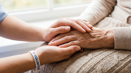 Caregiver holding hand of senior woman comfort support healthcare elderly patient love kindness nursing home assistance trust family togetherness compassion retirement friendship charity volunteer 