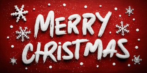 Vibrant Red Backdrop: Fluffy White Snow-Covered "Merry Christmas" Text Surrounded by Detailed Snowflakes, Classic High-Impact Horizontal Holiday Banner