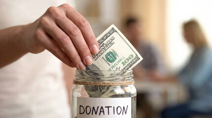 Woman hand putting coin in donation jar glass money charity fundraising support finance help humanitarian aid community budget investment kindness social work concept savings banking lifestyle giving
