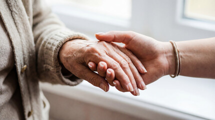 Caregiver holding hand of senior woman comfort support healthcare elderly patient love kindness nursing home assistance trust family togetherness compassion retirement friendship charity volunteer