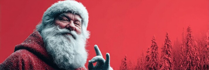 Vibrant Christmas Rock Gesture: Realistic Santa Claus with Snowy Beard Giving Rock and Roll Hand Sign on Bright Red Background with Red Pine Trees, Extreme Contrast