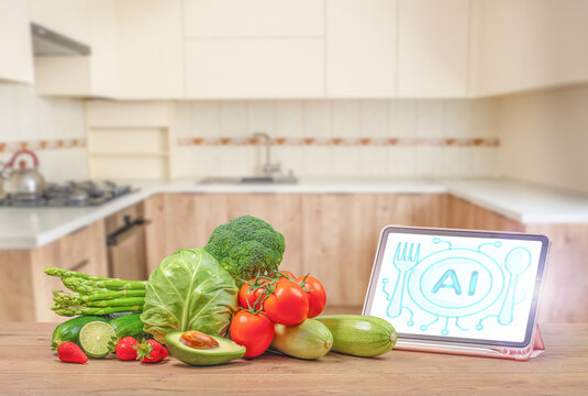 Healthy fresh vegetables with digital AI nutrition concept on tablet screen in modern kitchen - Powered by Adobe