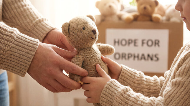 Volunteer giving teddy bear toy to child hands donation charity kids happiness support orphan humanitarian aid kindness social work childhood gift present love community service lifestyle