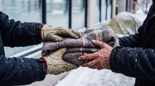 Volunteer giving warm clothes to homeless person hands sweater winter donation charity poverty help support humanitarian aid cold weather kindness social work textile sharing community service 