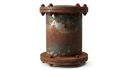 Rusty Industrial Pipe Fitting with Flanges and Bolts on White Background.