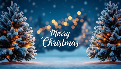Snowy christmas trees with warm lights and festive greeting