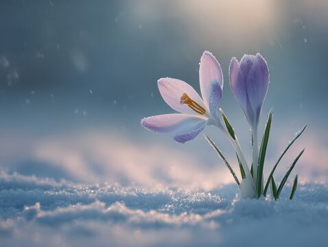 Crocus Flowers Blooming Through Fresh Snow in Soft Sunrise Winter Light