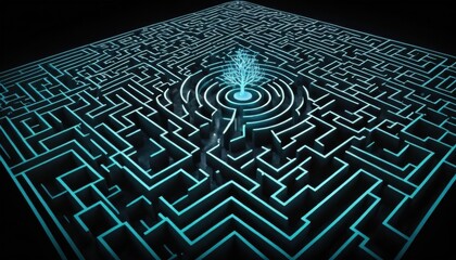 Glowing labyrinth with a tree at its center, symbolizing growth and navigation through complex