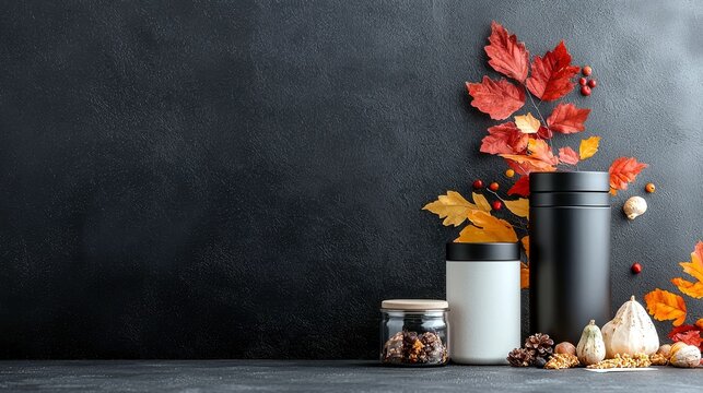 A still life composition featuring two modern jars, a glass jar filled with nuts, autumn leaves in vibrant red and yellow, small gourds, pinecones, and nuts arr