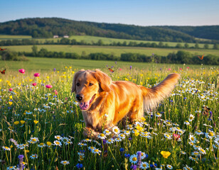 Golden retriever dog joyfully running through a vibrant wildflower meadow on a sunny day. Represents happiness, freedom, and the beauty of nature, ideal for pet care or lifestyle content.