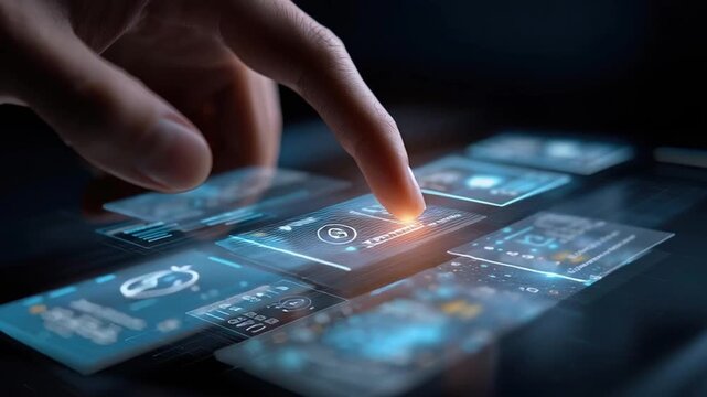 Finger touching futuristic digital interface with glowing icons and elements showing ai service interaction on touchscreen hand technology