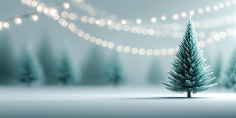 minimalistic bright Christmas background with stylized fir tree, soft lights and decorative ornaments