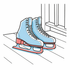 Ice skates placed on wooden porch floor near railing  