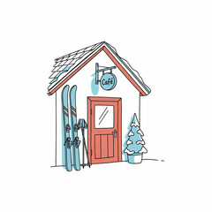 Ski caf&eacute; building in winter with skis outside and snow-covered roof  