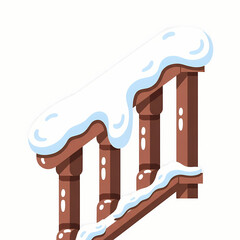 Snow-covered wooden porch railing with winter scene design  