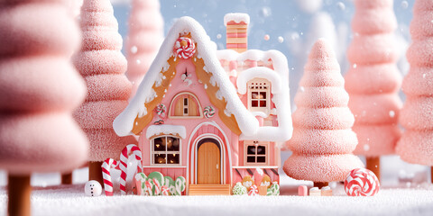 cute Christmas illustration of festive house with snow, decorated tree and cheerful holiday details